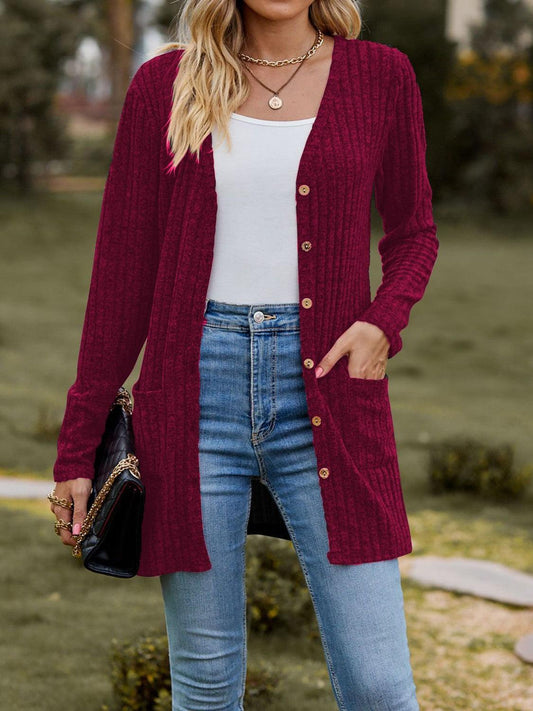 Ribbed Button Up Long Sleeve Cardigan Carauana Store