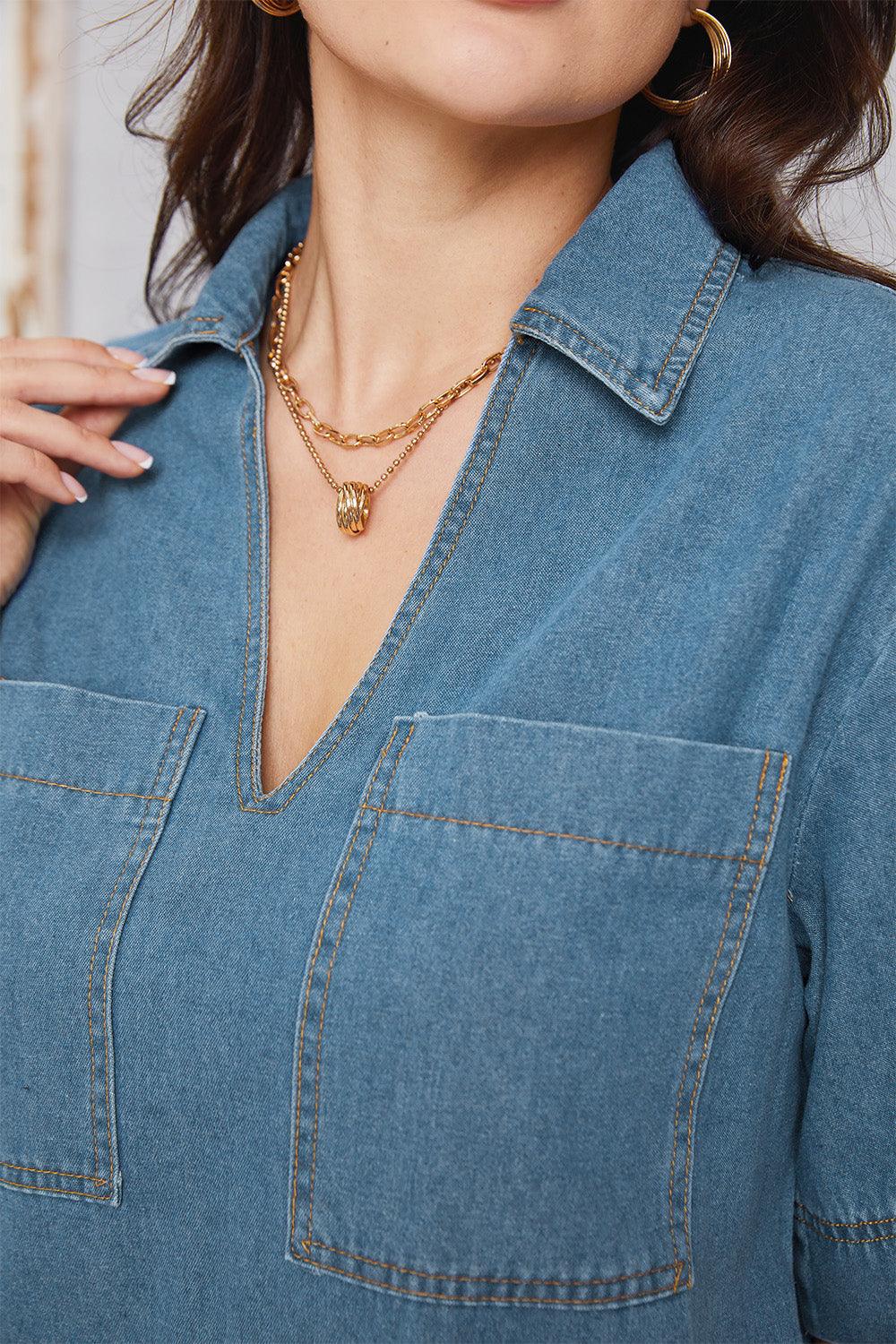 Pocketed Collared Neck Mini Denim Dress Carauana Store