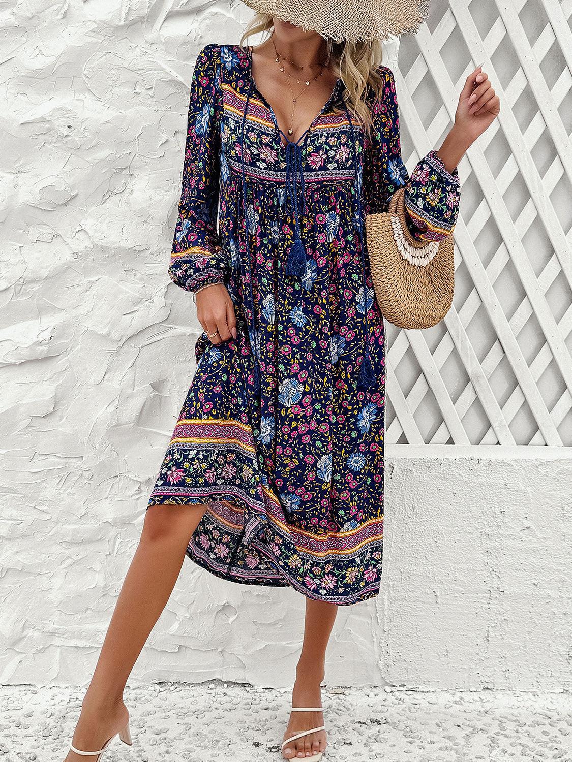 Tassel Tied Printed Long Sleeve Dress Carauana Store