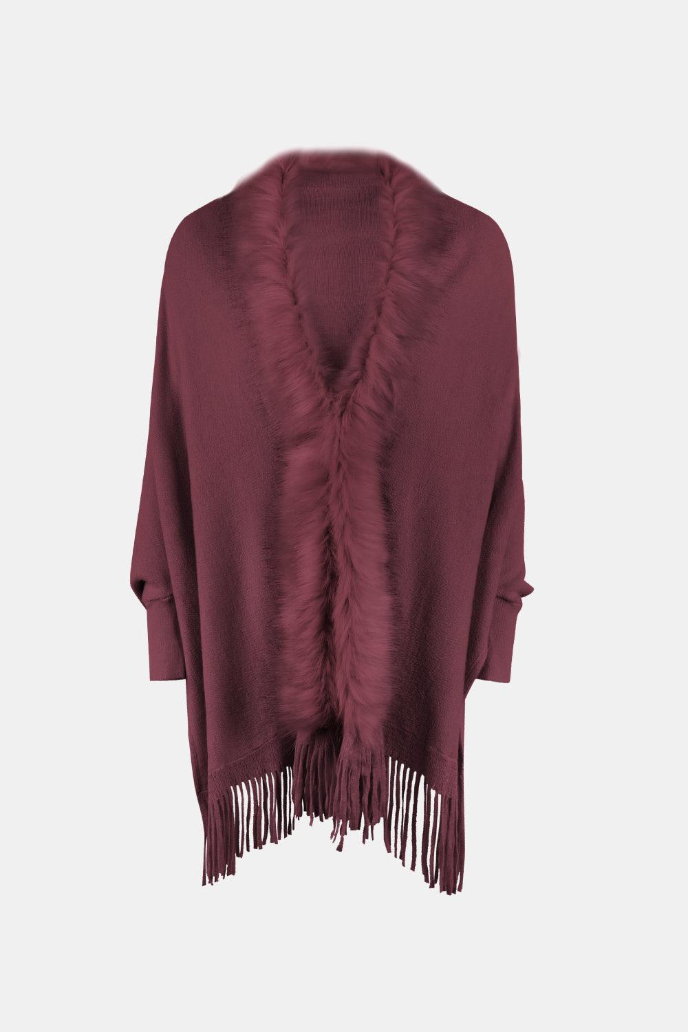 Fringe Open Front Long Sleeve Poncho Carauana Store