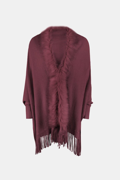 Fringe Open Front Long Sleeve Poncho Carauana Store