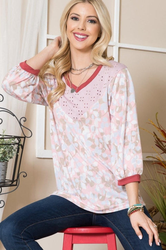 Celeste Full Size Leaf Print Contrast Trim Balloon Sleeve Top Carauana Store