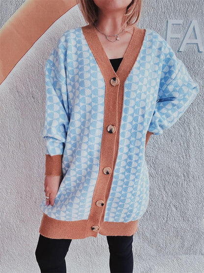 Contrast Trim Geometric Button Down Cardigan Carauana Store