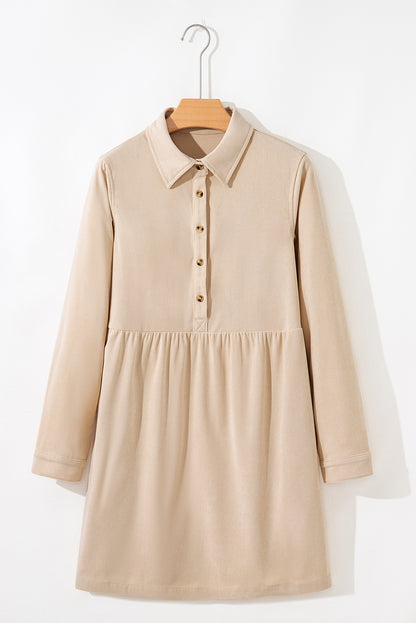 Oatmeal Corduroy Half Button Collared Long Sleeve Mini Dress