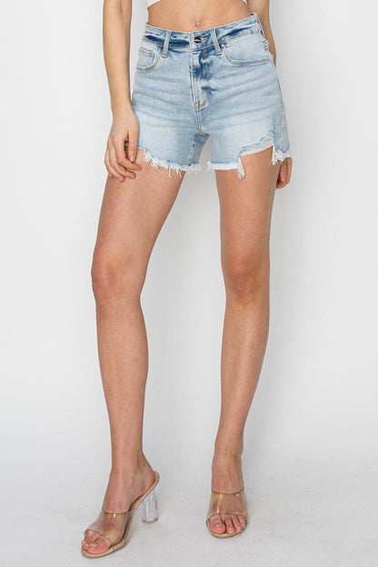 RISEN High Waist Frayed Detail Denim Shorts Carauana Store