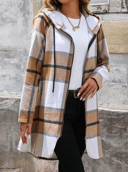 Drawstring Plaid Zip Up Long Sleeve Hooded Outerwear Carauana Store