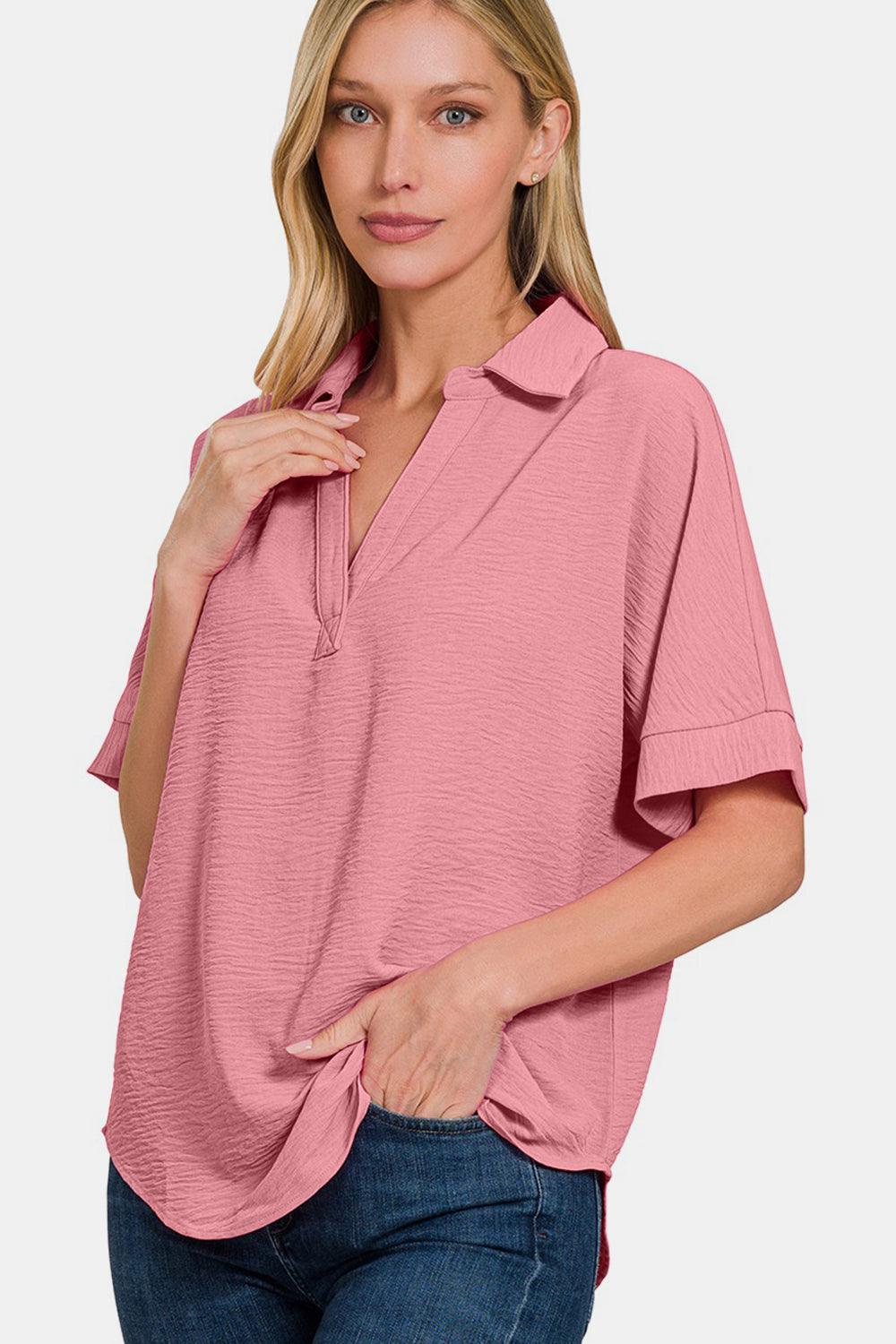 Zenana Texture Collared Neck Short Sleeve Top Carauana Store