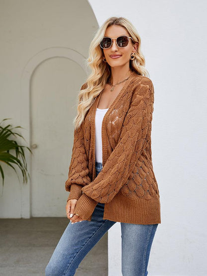 Openwork Open Front Lantern Sleeve Cardigan Carauana Store