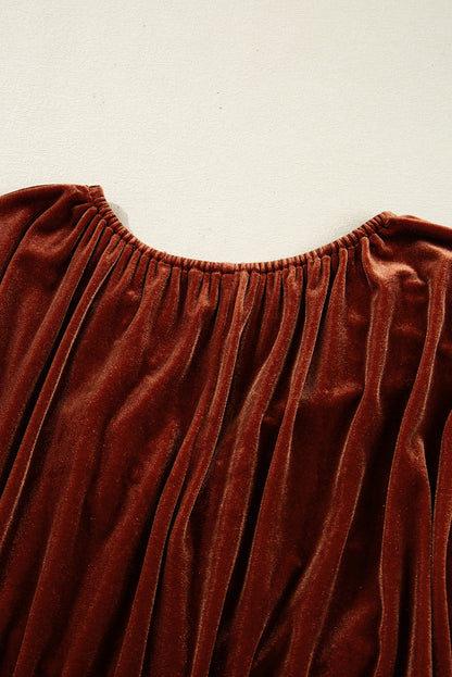 Clay Elastic V Neck Puff Sleeve Short Velvet Dress