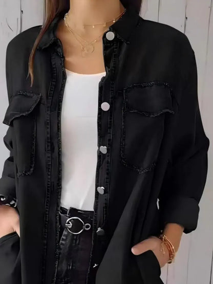 Full Size Raw Hem Button Up Long Sleeve Denim Top Plus Size Carauana Store