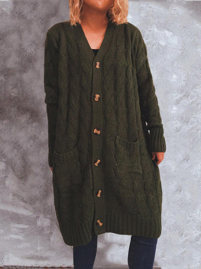 Button Up Cable-Knit Cardigan with Pockets Carauana Store