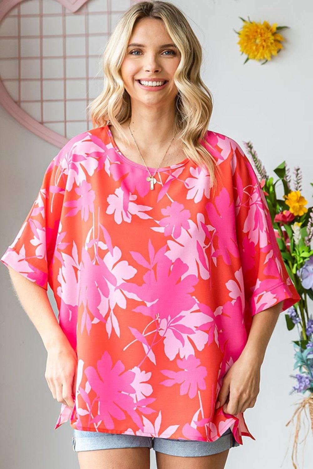 First Love Slit Printed Round Neck Half Sleeve Blouse Carauana Store