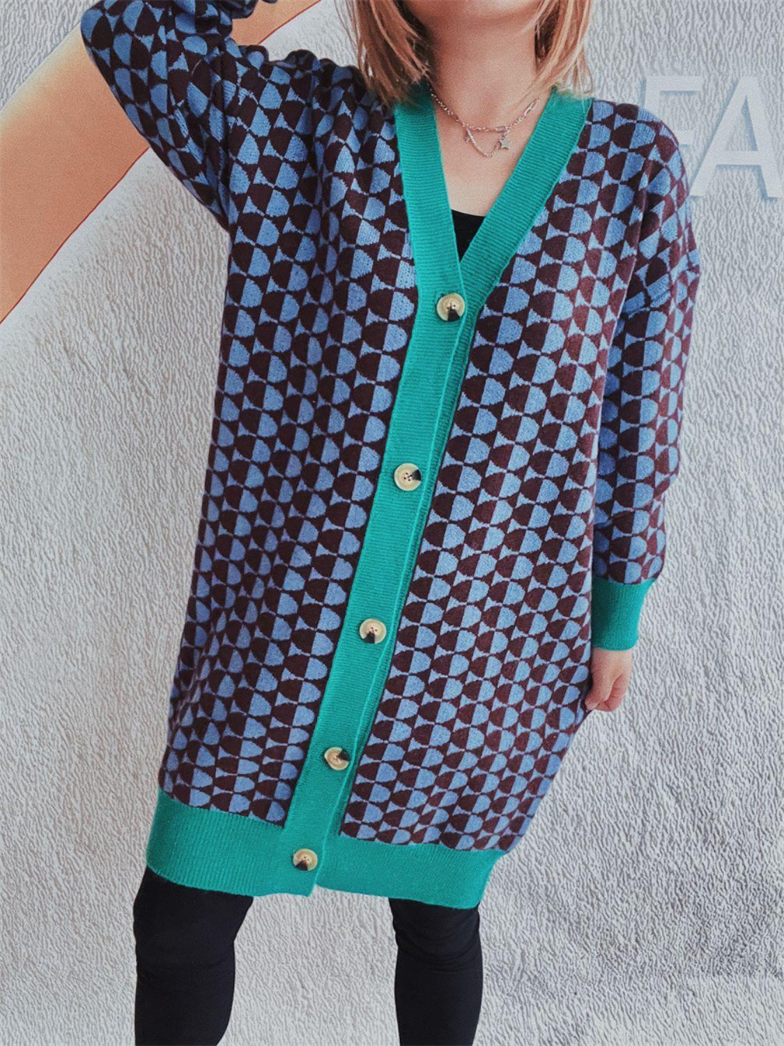 Contrast Trim Geometric Button Down Cardigan Carauana Store