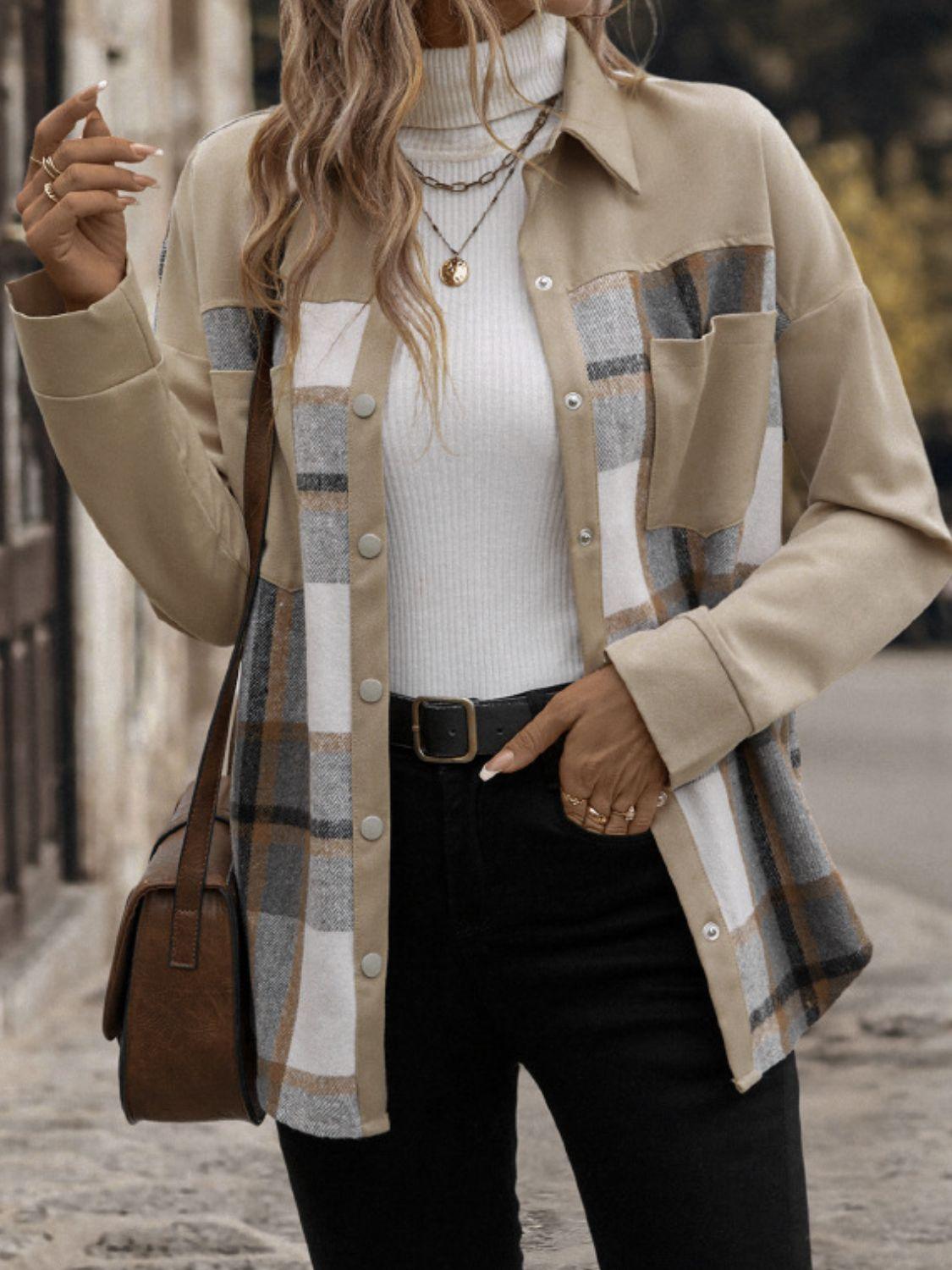 Perfee Plaid Snap Down Long Sleeve Shacket Carauana Store
