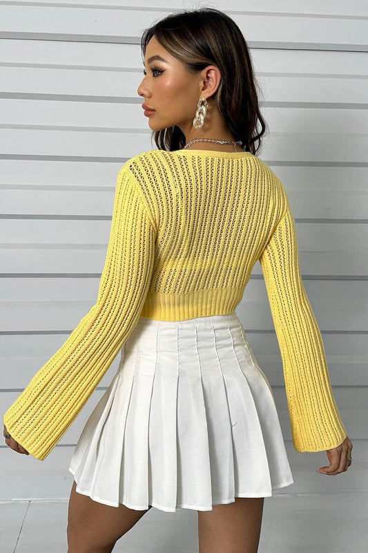Openwork Button Up Long Sleeve Cropped Cardigan Carauana Store