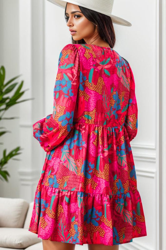 Printed Balloon Sleeve Mini Dress Carauana Store