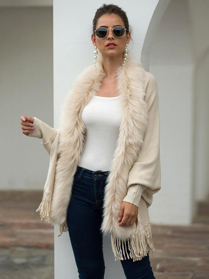 Fringe Open Front Long Sleeve Poncho Carauana Store