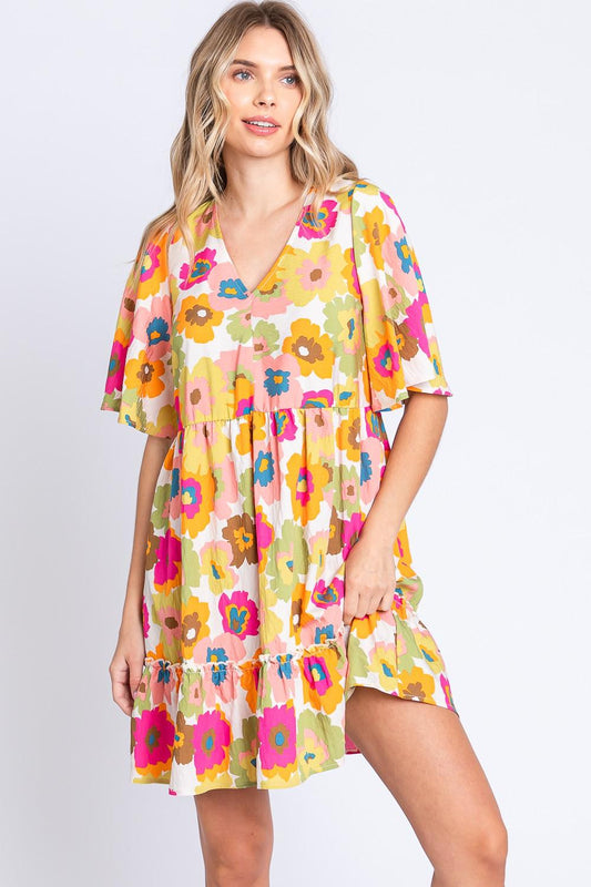 GeeGee Floral V-Neck Ruffle Hem Mini Dress Carauana Store
