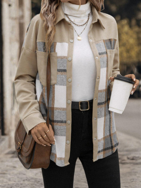 Perfee Plaid Snap Down Long Sleeve Shacket Carauana Store