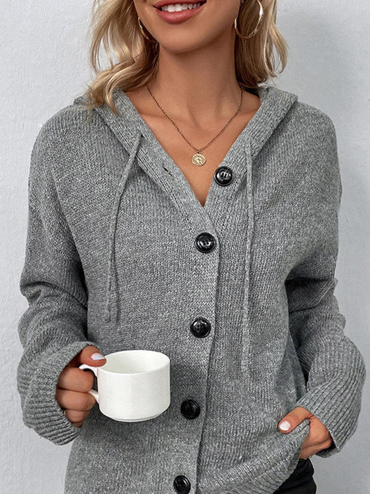 Drawstring Button Up Hooded Cardigan Carauana Store