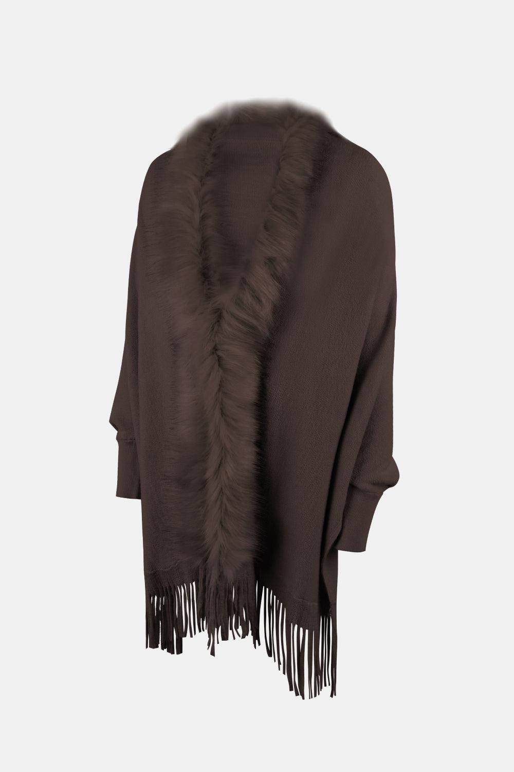 Fringe Open Front Long Sleeve Poncho Carauana Store
