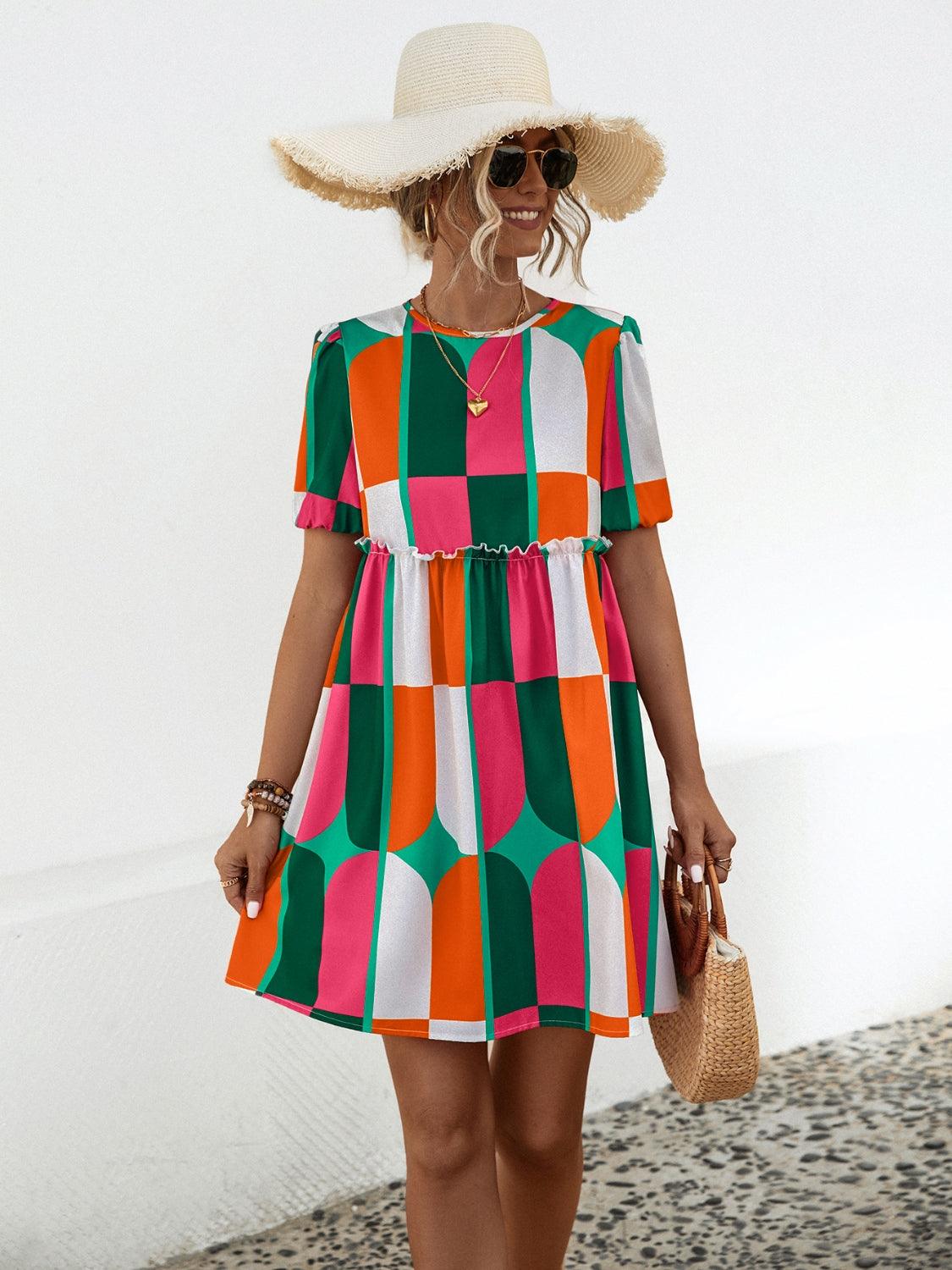 Geometric Frill Round Neck Short Sleeve Dress Carauana Store