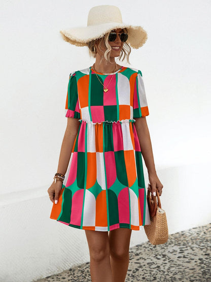 Geometric Frill Round Neck Short Sleeve Dress Carauana Store