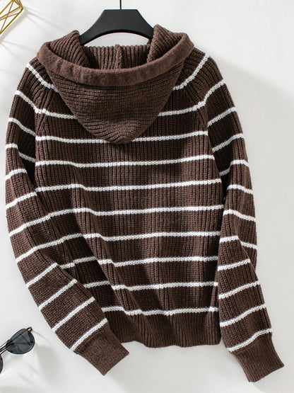 Striped Button Up Long Sleeve Hooded Cardigan Carauana Store