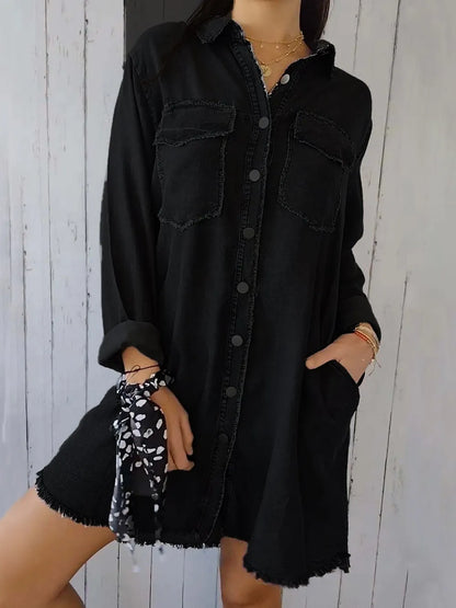 Full Size Raw Hem Button Up Long Sleeve Denim Top Plus Size Carauana Store