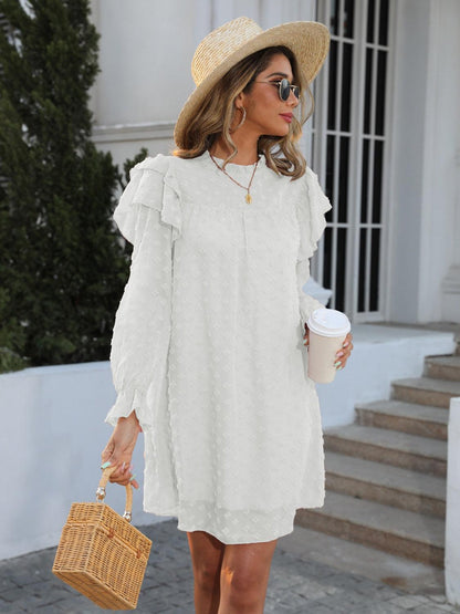 Swiss Dot Mock Neck Flounce Sleeve Dress Carauana Store