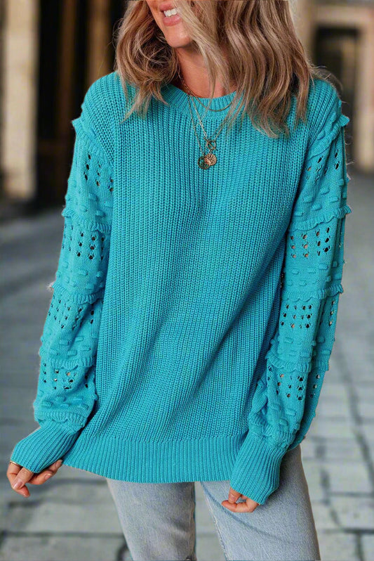 Openwork Frill Round Neck Long Sleeve Sweater