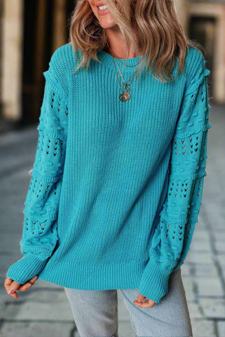 Openwork Frill Round Neck Long Sleeve Sweater