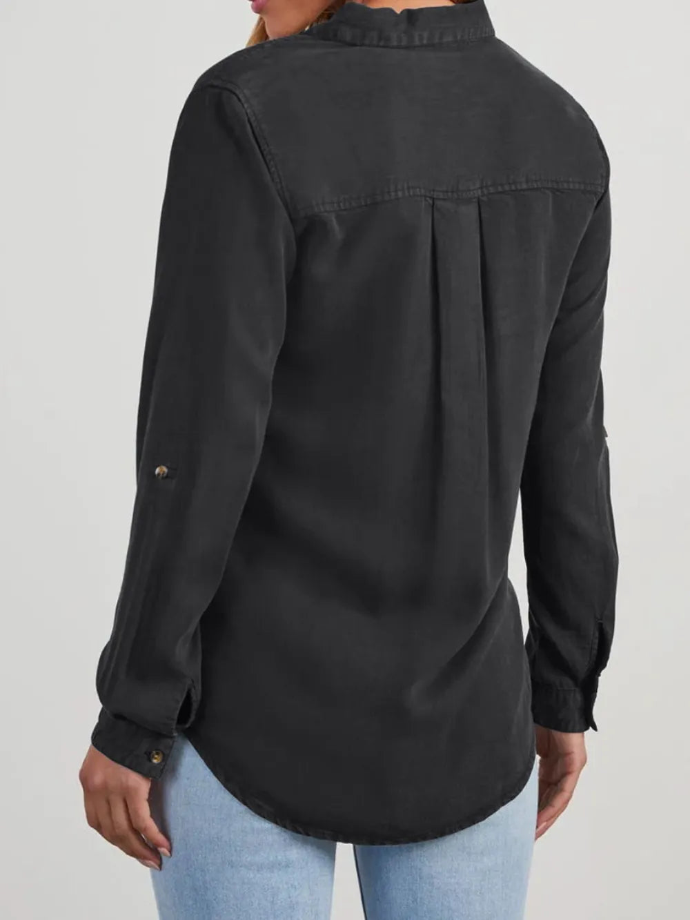 Collared Neck Roll-Tab Sleeve Denim Top Carauana Store