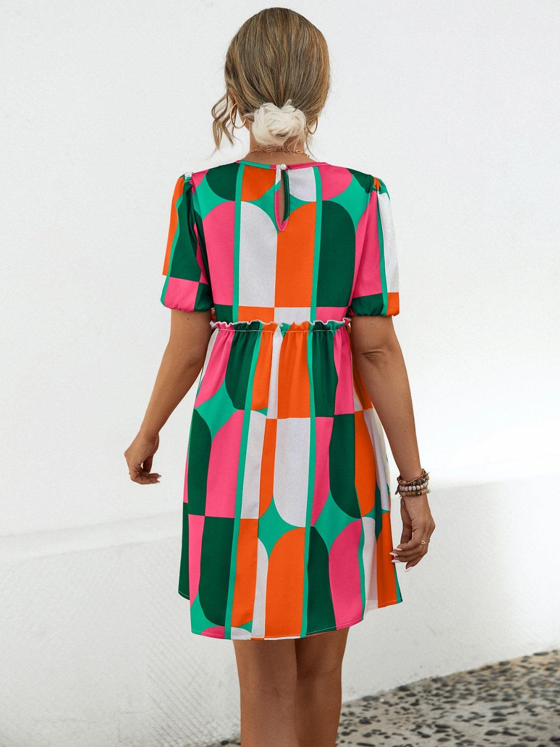 Geometric Frill Round Neck Short Sleeve Dress Carauana Store