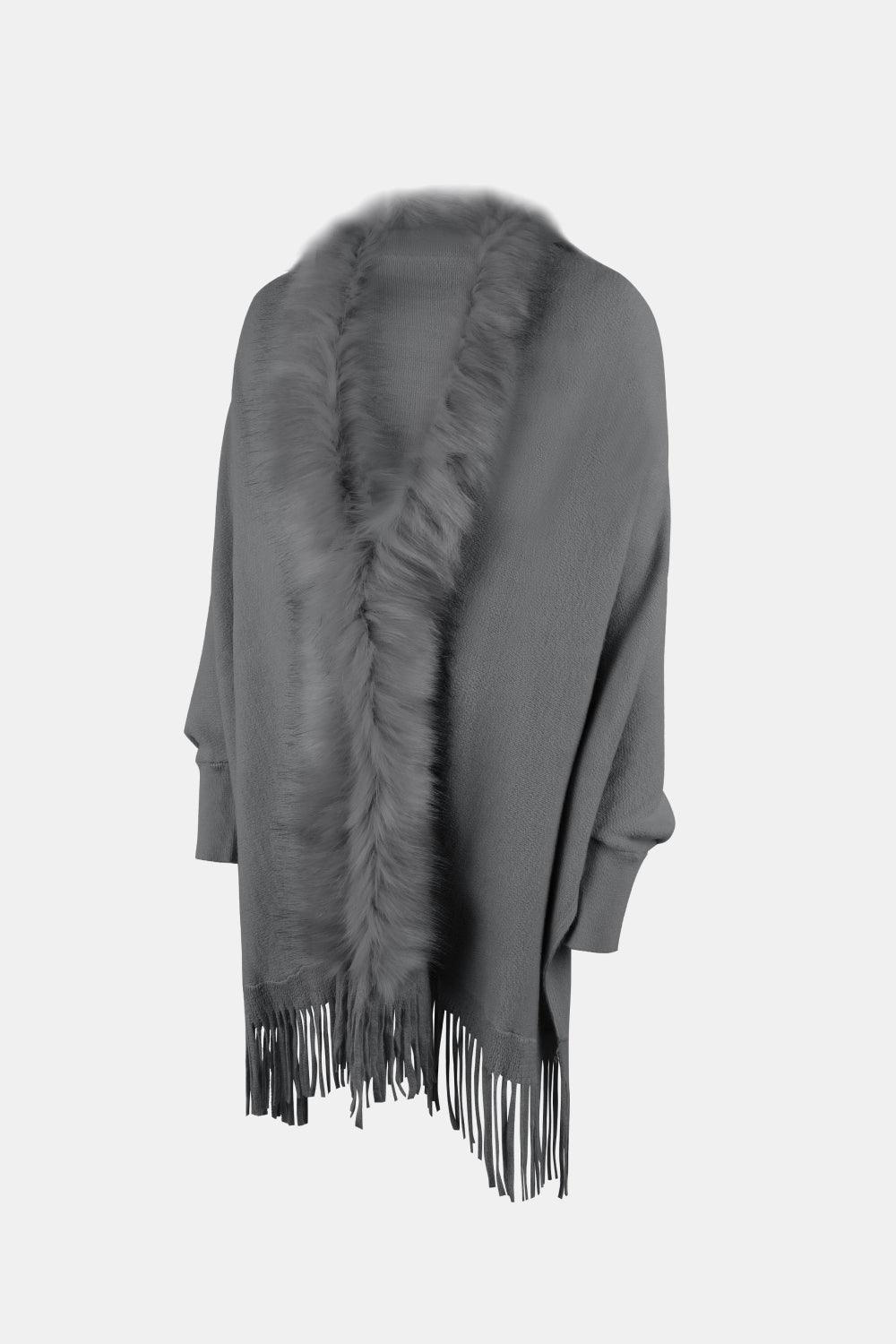 Fringe Open Front Long Sleeve Poncho Carauana Store