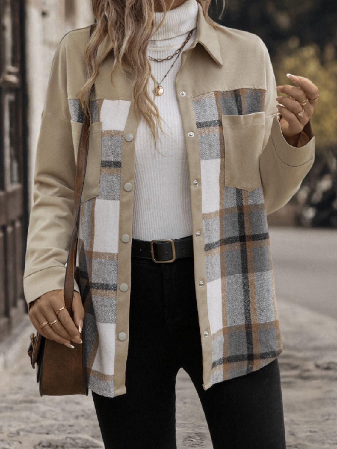 Perfee Plaid Snap Down Long Sleeve Shacket Carauana Store
