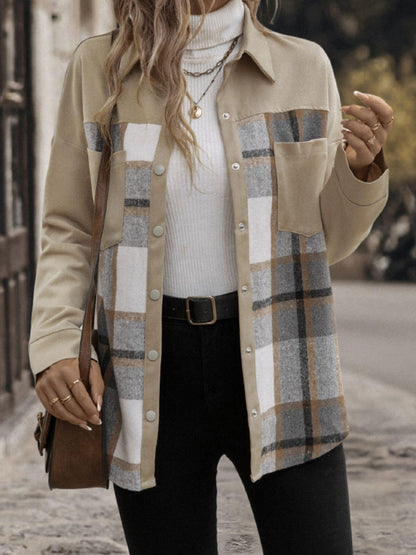 Perfee Plaid Snap Down Long Sleeve Shacket Carauana Store