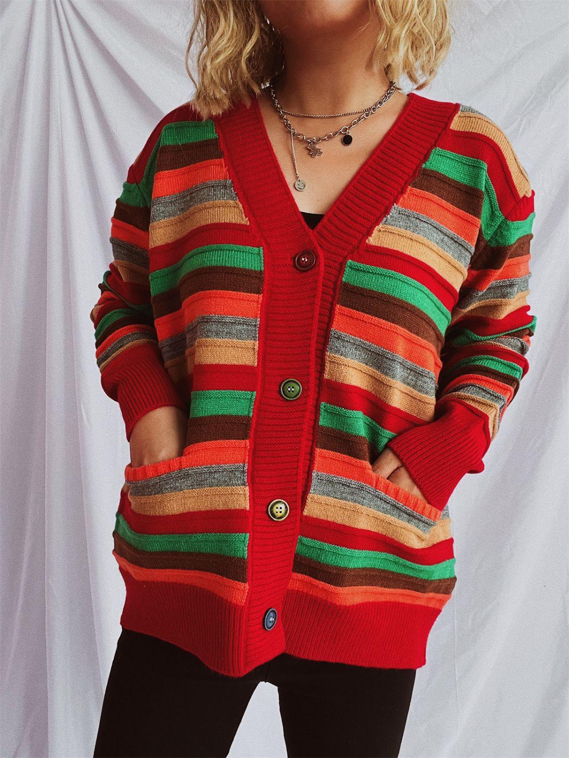 Contrast Stripes Button Up Long Sleeve Cardigan Carauana Store
