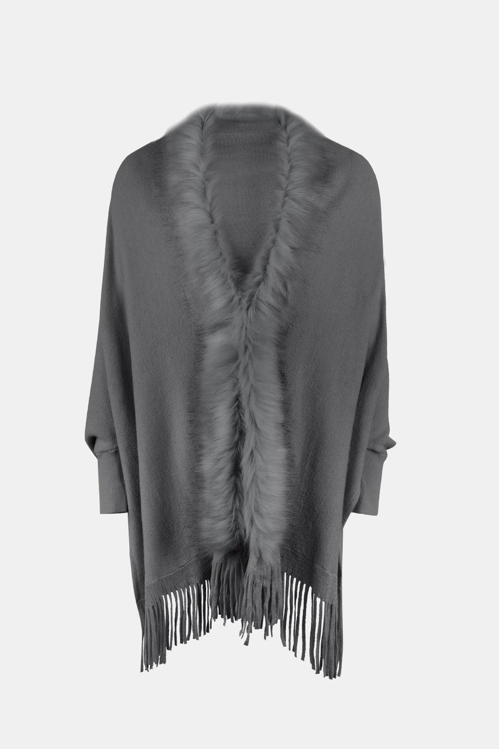 Fringe Open Front Long Sleeve Poncho Carauana Store