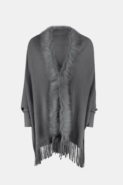 Fringe Open Front Long Sleeve Poncho Carauana Store