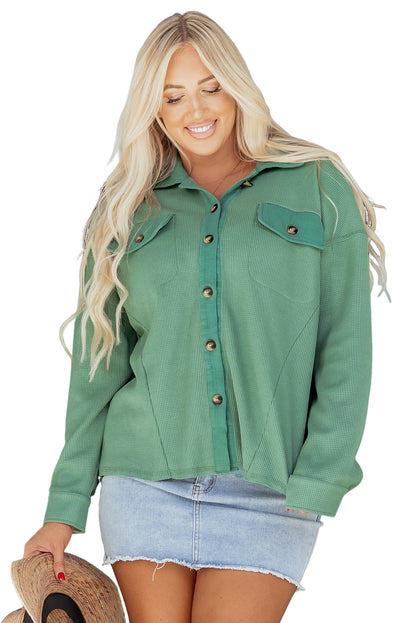 Grass Green Waffle Knit Vintage Patchwork Button Up Loose Shirt