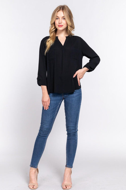 ACTIVE BASIC Full Size Notched Long Sleeve Woven Top Carauana Store