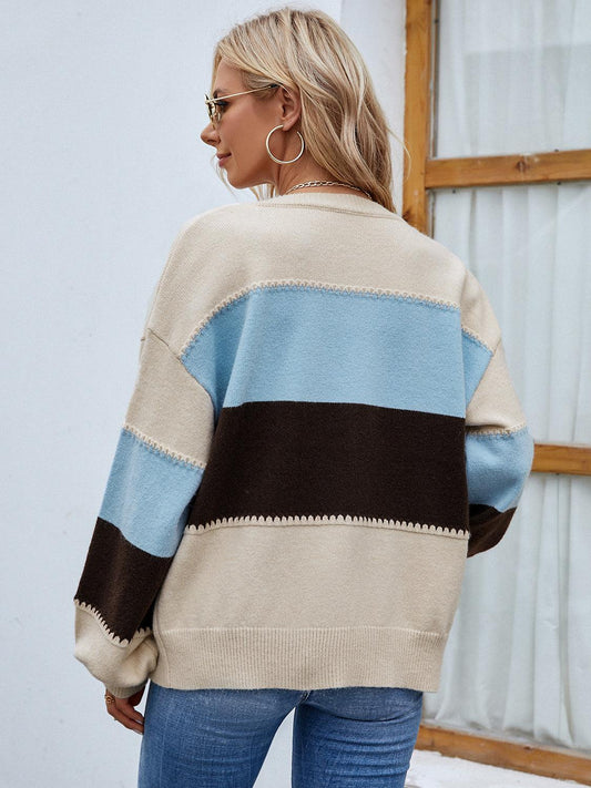 Color Block Button Up Lantern Sleeve Cardigan Carauana Store