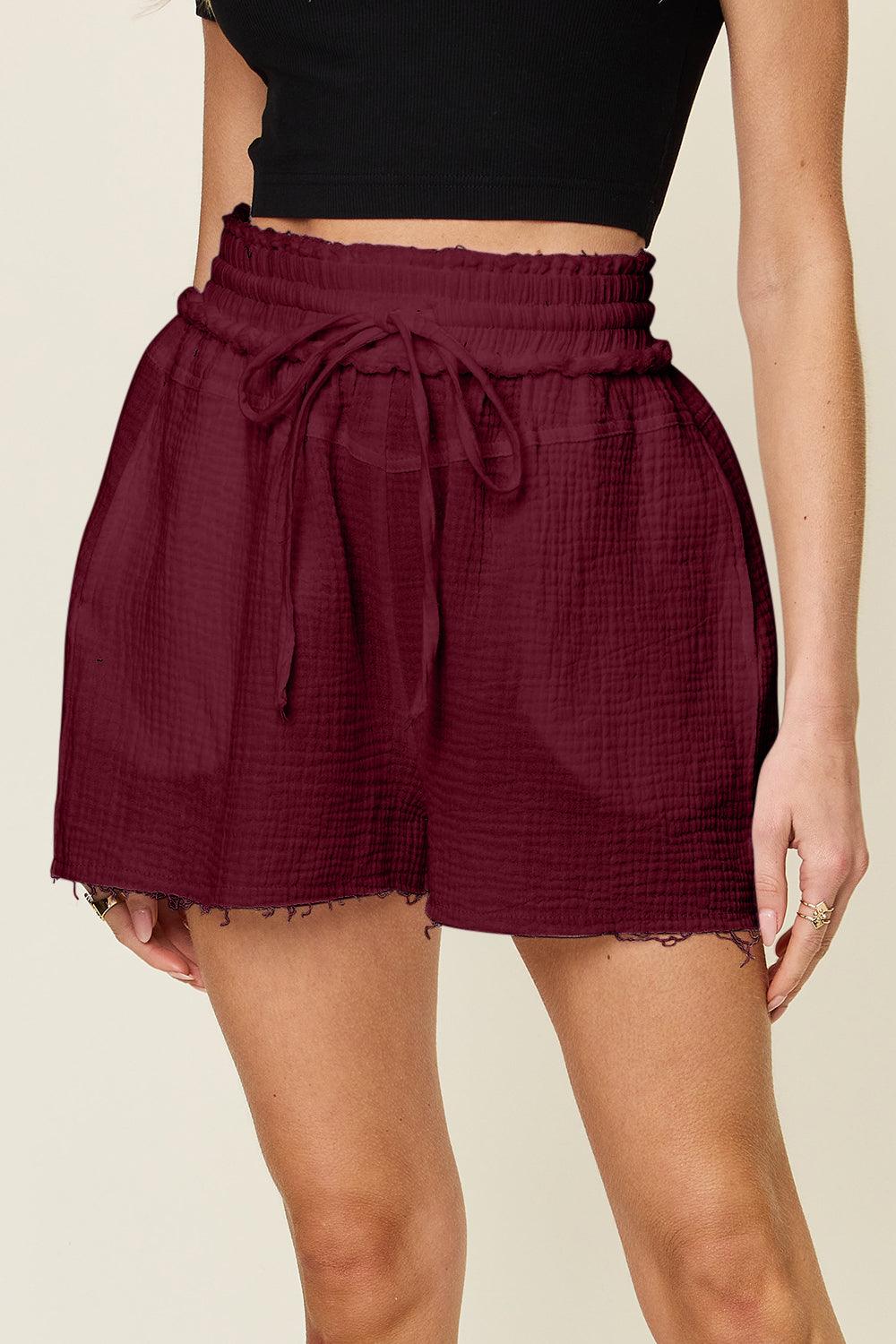 Double Take Full Size Texture Raw Trim Drawstring Shorts Carauana Store