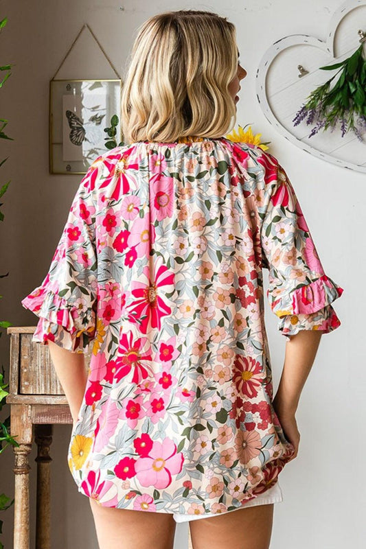 First Love Printed Tie Neck Flounce Sleeve Blouse Carauana Store